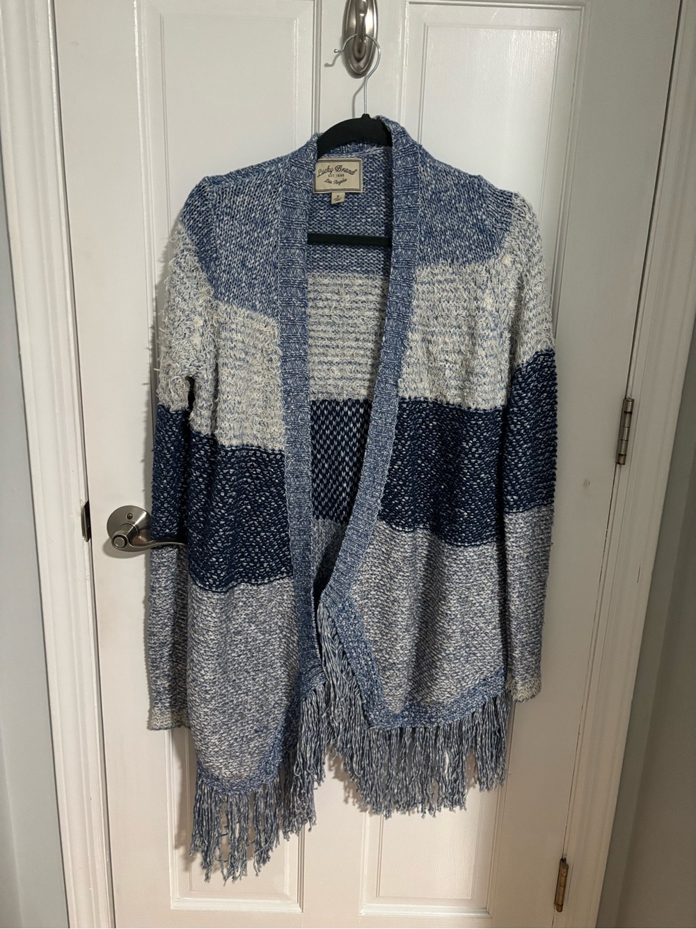 Open-Front Fringe Cardigan Sweater - Blue and Cream